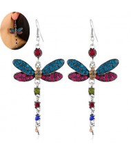 Rhinestone Embellished Dragonfly Dangling Fashion Women Statement Earrings - Multicolor