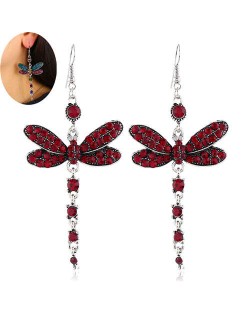 Rhinestone Embellished Dragonfly Dangling Fashion Women Statement Earrings - Red