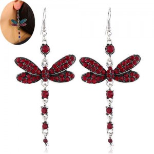 Rhinestone Embellished Dragonfly Dangling Fashion Women Statement Earrings - Red