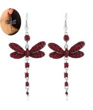 Rhinestone Embellished Dragonfly Dangling Fashion Women Statement Earrings - Red