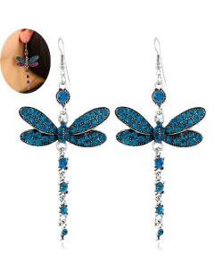 Rhinestone Embellished Dragonfly Dangling Fashion Women Statement Earrings - Blue