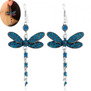 Rhinestone Embellished Dragonfly Dangling Fashion Women Statement Earrings - Blue