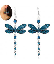 Rhinestone Embellished Dragonfly Dangling Fashion Women Statement Earrings - Blue