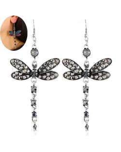 Rhinestone Embellished Dragonfly Dangling Fashion Women Statement Earrings - Gray