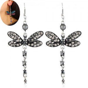 Rhinestone Embellished Dragonfly Dangling Fashion Women Statement Earrings - Gray