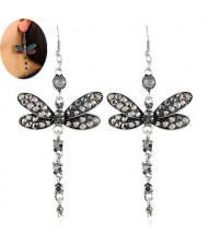 Rhinestone Embellished Dragonfly Dangling Fashion Women Statement Earrings - Gray