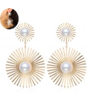 Artificial Pearl Embellished Sunshine Flower Design Bold Fashion Women Alloy Earrings - Golden