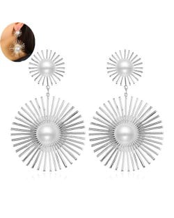 Artificial Pearl Embellished Sunshine Flower Design Bold Fashion Women Alloy Earrings - Silver