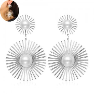 Artificial Pearl Embellished Sunshine Flower Design Bold Fashion Women Alloy Earrings - Silver