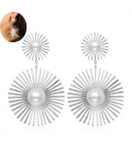 Artificial Pearl Embellished Sunshine Flower Design Bold Fashion Women Alloy Earrings - Silver