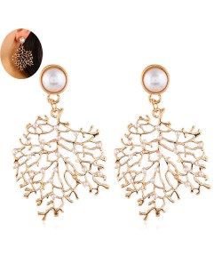 Pearl Decorated Golden Hollow Leaves Design Bold Statement Women Earrings