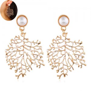 Pearl Decorated Golden Hollow Leaves Design Bold Statement Women Earrings