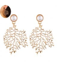 Pearl Decorated Golden Hollow Leaves Design Bold Statement Women Earrings