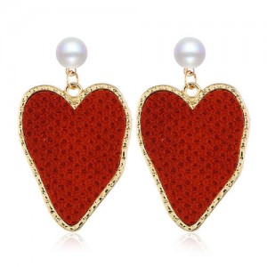 Golden Rimmed Irregular Heart Shape Design Women Fashion Statement Alloy Earrings - Red