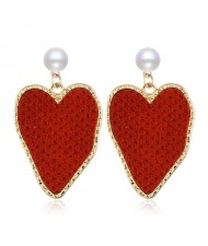 Golden Rimmed Irregular Heart Shape Design Women Fashion Statement Alloy Earrings - Red