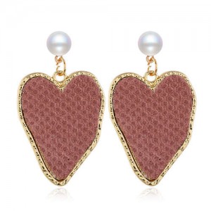Golden Rimmed Irregular Heart Shape Design Women Fashion Statement Alloy Earrings - Dark Pink