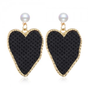 Golden Rimmed Irregular Heart Shape Design Women Fashion Statement Alloy Earrings - Black