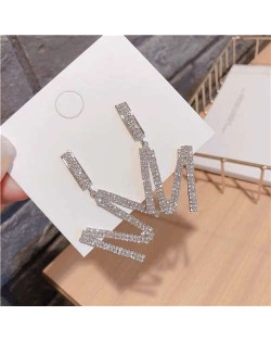 Rhinestone Inlaid Shining Design M Alphabet Dangling Women Earrings - Silver