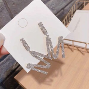 Rhinestone Inlaid Shining Design M Alphabet Dangling Women Earrings - Silver