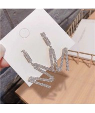 Rhinestone Inlaid Shining Design M Alphabet Dangling Women Earrings - Silver