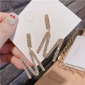 Rhinestone Inlaid Shining Design M Alphabet Dangling Women Earrings - Golden