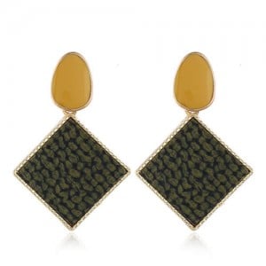 Resin Gem Embellished Square Shape Alloy Women Earrings - Dark Green