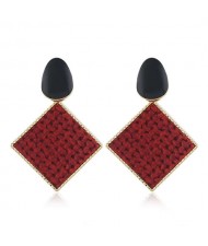 Resin Gem Embellished Square Shape Alloy Women Earrings - Red