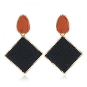 Resin Gem Embellished Square Shape Alloy Women Earrings - Black
