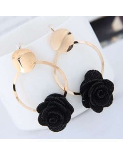 Cloth Flower Golden Alloy Hoop Korean Fashion Women Earrings - Black