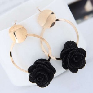 Cloth Flower Golden Alloy Hoop Korean Fashion Women Earrings - Black