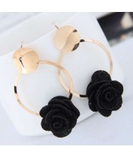 Cloth Flower Golden Alloy Hoop Korean Fashion Women Earrings - Black