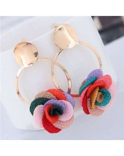 Cloth Flower Golden Alloy Hoop Korean Fashion Women Earrings - Multicolor