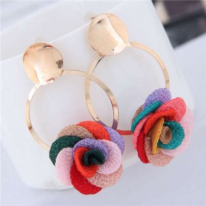 Cloth Flower Golden Alloy Hoop Korean Fashion Women Earrings - Multicolor