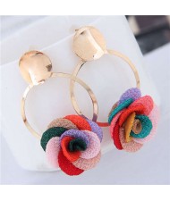Cloth Flower Golden Alloy Hoop Korean Fashion Women Earrings - Multicolor