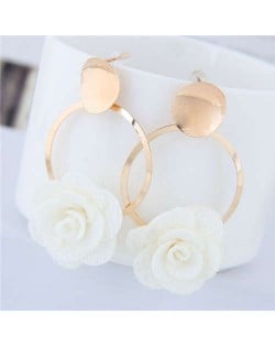 Cloth Flower Golden Alloy Hoop Korean Fashion Women Earrings - White