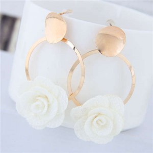 Cloth Flower Golden Alloy Hoop Korean Fashion Women Earrings - White