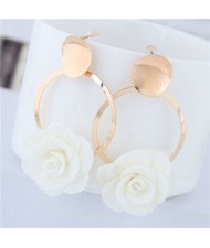Cloth Flower Golden Alloy Hoop Korean Fashion Women Earrings - White