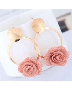 Cloth Flower Golden Alloy Hoop Korean Fashion Women Earrings - Pink