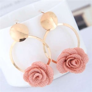 Cloth Flower Golden Alloy Hoop Korean Fashion Women Earrings - Pink