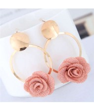 Cloth Flower Golden Alloy Hoop Korean Fashion Women Earrings - Pink