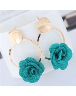 Cloth Flower Golden Alloy Hoop Korean Fashion Women Earrings - Green