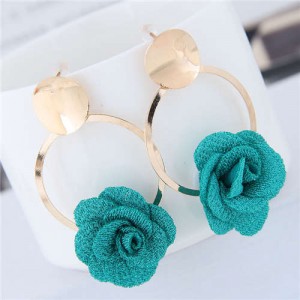 Cloth Flower Golden Alloy Hoop Korean Fashion Women Earrings - Green