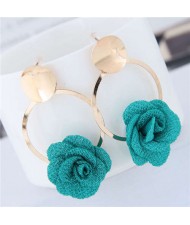 Cloth Flower Golden Alloy Hoop Korean Fashion Women Earrings - Green