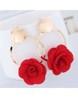 Cloth Flower Golden Alloy Hoop Korean Fashion Women Earrings - Red