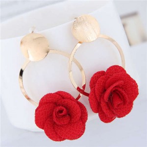 Cloth Flower Golden Alloy Hoop Korean Fashion Women Earrings - Red
