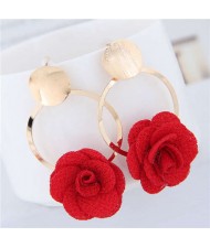 Cloth Flower Golden Alloy Hoop Korean Fashion Women Earrings - Red