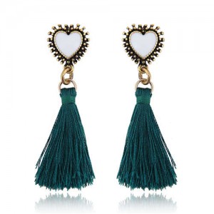 Oil-spot Glazed Vintage Heart with Cotton Threads Tassel Design High Fashion Women Earrings - Green
