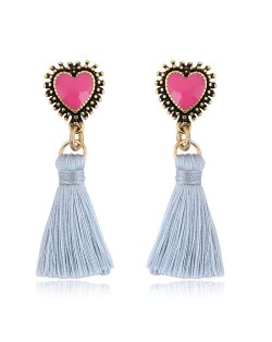 Oil-spot Glazed Vintage Heart with Cotton Threads Tassel Design High Fashion Women Earrings - White