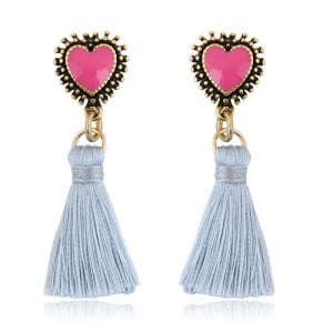 Oil-spot Glazed Vintage Heart with Cotton Threads Tassel Design High Fashion Women Earrings - White