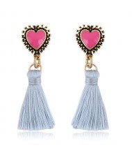 Oil-spot Glazed Vintage Heart with Cotton Threads Tassel Design High Fashion Women Earrings - White